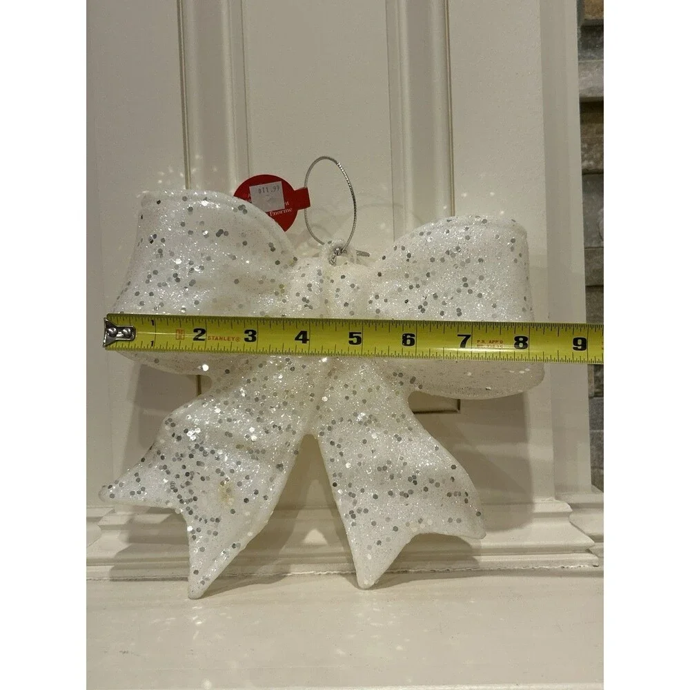 Ashland Christmas Jumbo Bow Ornament White Glitter Decorative 8”x 8